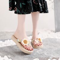 Ins web celebrity imitation hemp travel bottom sandals outside Korea flip-flops flower beach wedges slippers