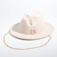 New Luxury Desige Letter Fedora Hat For Women Metal Chain Decor Jazz Hat Party Church Caps