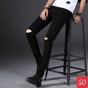Quần Jean Nam Đen Rách Gối, Quần Bò Rách Gối Cao Cấp Quần Bò KHÓA Zip Vải