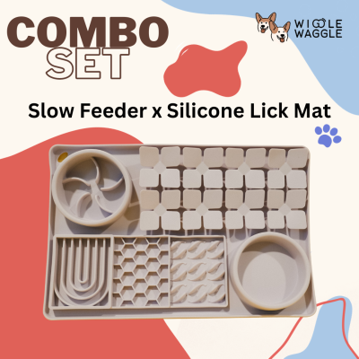 COMBO SET ! Slow Feeder x Silicone Lick Mat for Pet เซทถาดซิลิโคน ฝึกทานช้ามาคู่กับแผ่นเลียหลายแบบ สีสันสดใส สำหรับสัตว์เลี้ยง