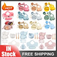 6PCS/Set Baby Silicone Tableware Set Baby Feeding Dishes BPA Free Bowl Plate Bibs Spoon Fork Sets Children Non-slip Dinnerware Bowl Fork Spoon Sets