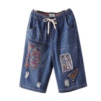 【มีไซส์ใหญ่】Plus Size M-3XL Womens Elastic Waist Denim Shorts Female Floral Embroidery Vintage Summer Shorts