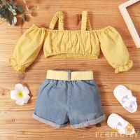 PFT7-Kids Baby Girls 2-piece Outfit Set Off Shoulder Tops+Denim Shorts Set for Children Girls