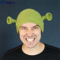 FEECE ตลก เด็ก ทอมือ ฤดูหนาว หมวก การ์ตูน คอสเพลย์ Prop หมวกบีนนี่สีเขียว มีหู Shrek Hats