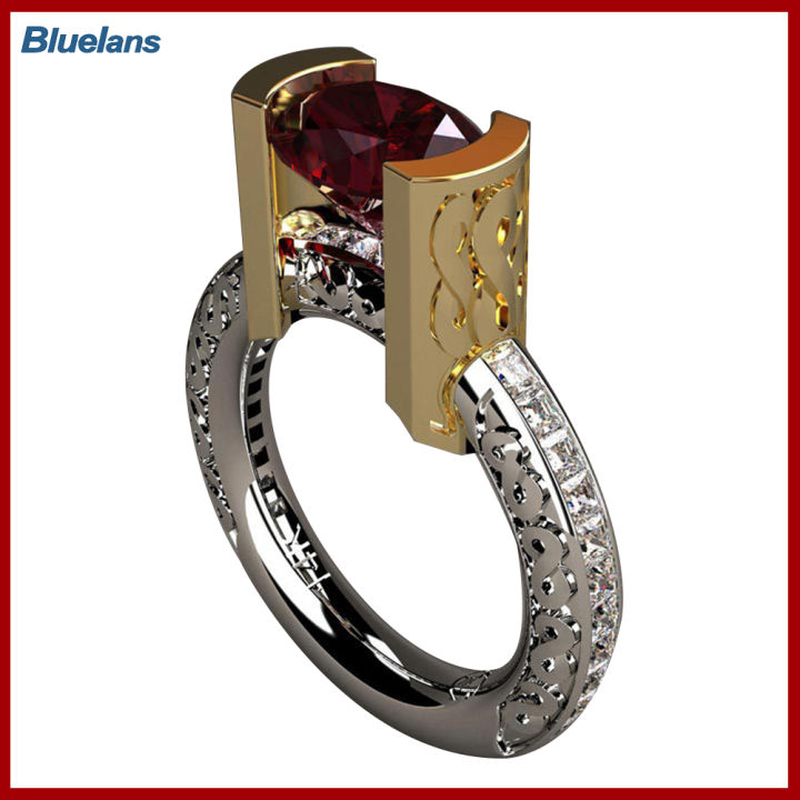 Bluelans®ทับทิมเทียมสีคู่เครื่องประดับงานหมั้นงานแต่งงานสำหรับแหวนใส่นิ้วของผู้หญิงแฟชั่น