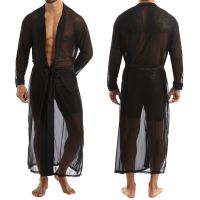 【LZ】✾❒❀  Lingerie sexy de ponto aberto transparente masculina malha frontal transparente transparente camisa casual longa roupão de banho masculino roupa íntima de manga longa casaco gay