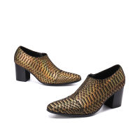 Christia Bella Snake Pattern Men Leather Shoes Fashion High Heel Men Party Dress Shoes Big Size Increase Height Men Dancer Boots