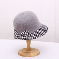 New Warm Arrive Autumn Winter Fashion Wool Thickness Elegance Woman Bow Patchwork Hound Tooth Pattern Fedoras Panama Bucket Hat