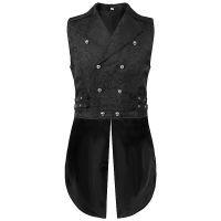 Mens Gothic Steampunk เสื้อกั๊ก Waistcoat แขนกุด Tailcoat Victorian Vintage เครื่องแต่งกาย Double Breasted Jacquard ชุดเสื้อกั๊กชาย XXXL