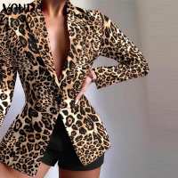 VONDA 2022 Autumn Blazer Casual Long Sleeve Leopard Print Lapel Button Coats Women OL Office Formal Coats Beach Outerwear Veste