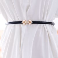 ImiFashion Thin Belts For Women Imitation Pearl Gold Buckle Belt Solid Color PU Leather Waistband for Dress Decoration