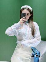 เสื้อสีฟ้าดีไซน์กันรอยยับของผู้หญิงทรงหลวมลำลองแบบพับได้ของ Prada เสื้อเชิ้ตมีลาย
