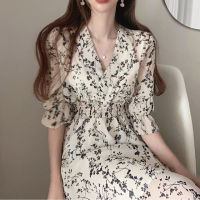 Vintage Korea Fashion Clothing Summer Slim Elastic Waist A Line V Neck Elegant Office Lady Floral Chic Chiffon Long Dress Retro