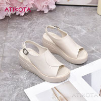 Atikota รองเท้าแตะ เปิดนิ้วเท้า แต่งหัวเข็มขัดโลหะ ป้องกันการลื่น สีพื้น เหมาะกับเดินชายหาดกลางแจ้ง แฟชั่นสําหรับสตรี