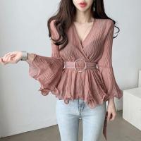 COD DSFERTRETRE High Waist Lace-up V-neck Low-cut Sexy Flared Sleeve Chiffon Shirt