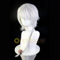 Anime Bungo Stray Dogs Season 4 Nikolai Gogol Cosplay White Gray Braid Hair With 2 Hair Rings Heat-Resistant Fiber Hair+ Wig Cap