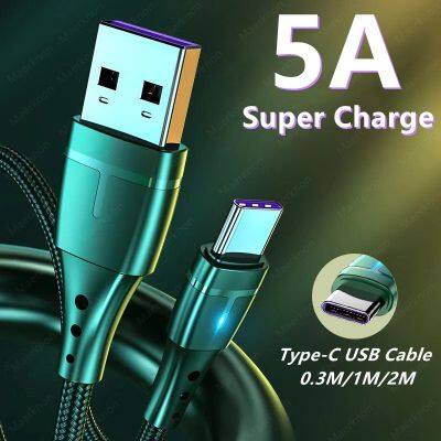 สายเคเบิล Type C 5A USB สายชาร์จเร็วโทรศัพท์มือถือสายดาต้า USB ข้อมูล Micro USB พร้อมไฟ LED สำหรับ Huawei P40 Samsung Xiaomi สาย C USB