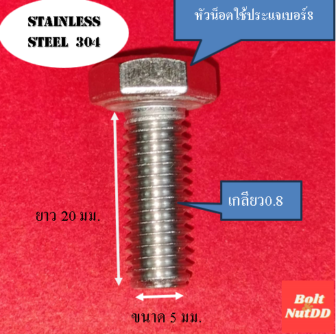 screw-set-ชุดน็อตหกเหลี่ยม-เบอร์8-m5-เกลียวยาว-20-มม-เกลียวมิล0-8-วัสดุ-สแตนเลส-304-1ถุง5-ชุด