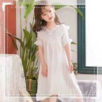 HOT★ฤดูร้อนเด็ก Nightdress Breathable Jacquard ผ้าฝ้ายสบายแขนสั้นชุดนอน Nightgown หวานสีทึบหญิง Ni