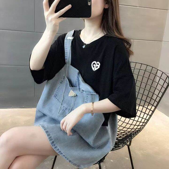 denim-stitching-fake-two-short-sleeved-inst-shirts-womens-casual-summer-new-loose-korean-style-design-sense-top