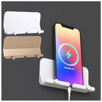Wall Mount Mobile Phone Bracket Holder Punch-Free Self Adhesive Wall Storage Shelf Toilet Kitchen Pasted Wall Phone Tablet Stand Bathroom Counter Stor