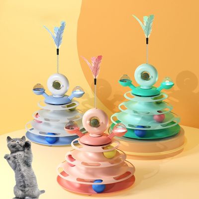 【Familiars】COD ของเล่นแมว รางบอลแมว จานเสียงแมว ด้วยขนนก สามารถหมุนได้ 360 องศา