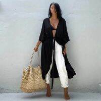 FN946N Swimsuit Cover Up White Maxi Beach Dresses Kaftan Kimono Elegant Pocket Loose Summer Tunic Beachwear Bathing Suits Suns