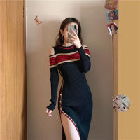 Vintage Winter Knitting Dresses for Women Sexy Strapless O-neck Long Sleeve Robe Femme Side Split Button Vestido Autumn 2021