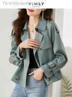 ♕❅❇ sdeifhruhvfu Vimly-Trench Coats curtos de trespassado duplo feminino jaqueta na moda coreana elegante outwear lapela manga comprida V5095 2023