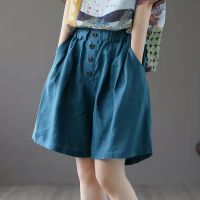 COD DSFWEWWWWW Cotton shorts womens summer thin section loose retro plus size button wide foot casual five pants