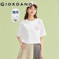 GIORDANO Women T-Shirts Easy Care Anti-Fouling Fruit Embroidery Tee Fake Pocket Short Sleeve Crewneck Casual Tshirts 05323425