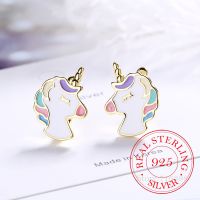 【CW】 Real 925 Sterling Silver Earring Cute Unicorn Stud Earrings for Ladies Girls Daughters Party Jewelry Best Friend Gift