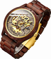 IK COLOURING Mens Watches Luxury Mechanical Wooden Case Skeleton Lumious Automatic Self-Winding Lightweight Genuine Leather Bracelet/Wood Band Wrist Watch brown