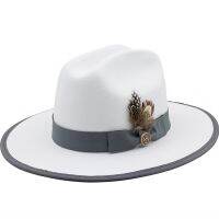 White Fedora Hats With Feather Band Faux Woolen Top Hat Men Flat Brim Jazz Panama Cap Women Elegant Party Jazz Church Hats