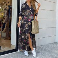 ZANZEA Women Loose Buttons Lapel Long Sleeve Flower Printed Maxi Dress