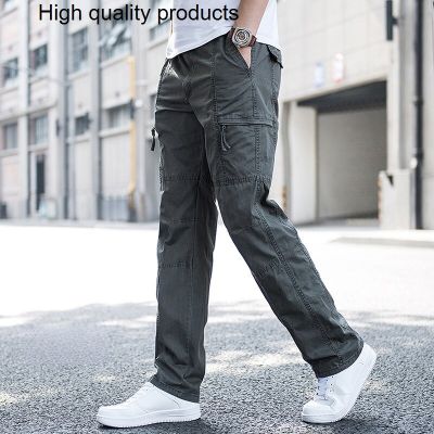 ‘；’ Big Size Mens Cargo Trousers Straight Leg Work Pant Men Loose Fit Cotton Summer Wide Overalls Male Side Multi Pocket Large Size