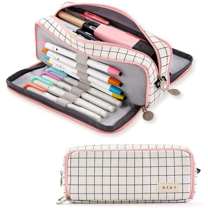 angoo-2x-large-pencil-case-big-capacity-3-compartments-canvas-pencil-pouch-for-boys-girls-school-students-a