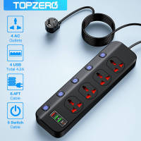 TOPZERO 2500W Power Strip With 3 USB A Charger Port and 1 USB C Charger Port,100V - 250V 10A Universal Power Extension Socket With 5 Independent Switch 2M Thicken Copper Power Cord Power Strips Power Sockets