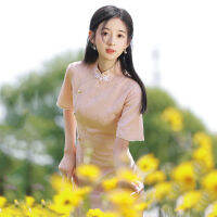 สีชมพู Cheongsam ฤดูร้อนทุกวัน2022สาวใหม่ปรับปรุงสไตล์หนุ่ม Elegant ขนาดเล็กหวานสั้นสไตล์ Mini Qipao Dress