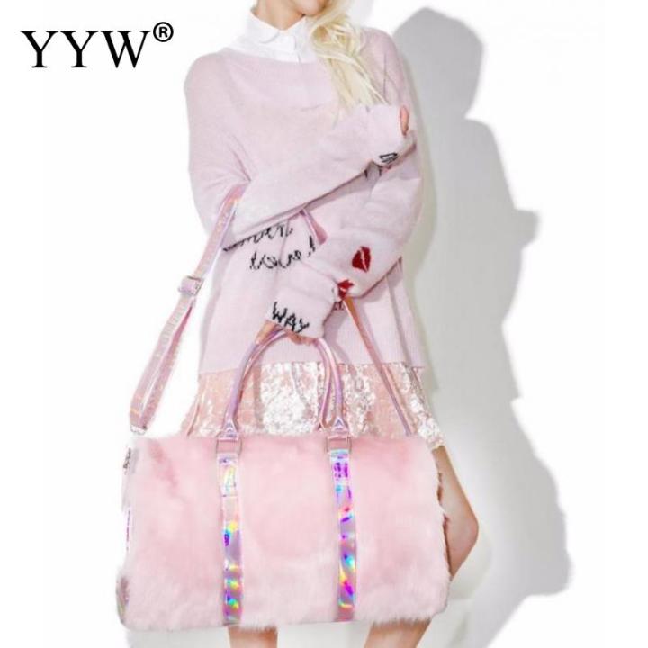 symphony-pink-furry-fashion-portable-large-capacity-handbag-crossbody-large-bag-weekend-bag-short-distance-travel-bag