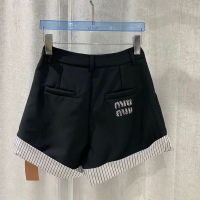 【High Quality】Summer Letter Embroidery Pleated Contrast Stripe Curled High Waist Straight Leg Pants Womens Small Fresh Age Reducing Shorts