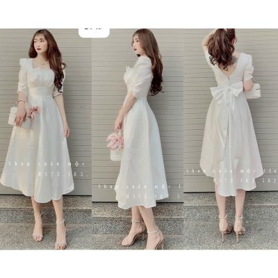 White dress with square neck party with back bow Hakieu MSP055