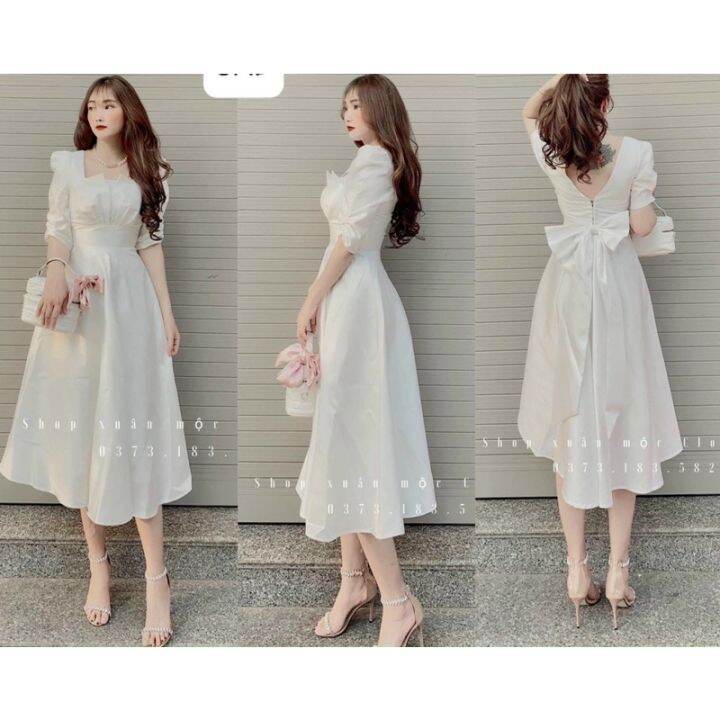 white-dress-with-square-neck-party-with-back-bow-hakieu-msp055