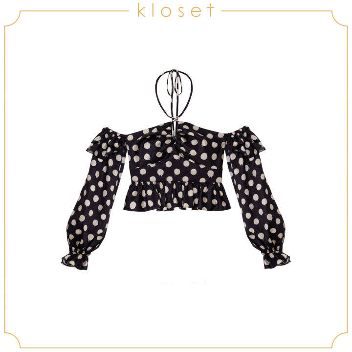 kloset-off-shoulder-top-pf21-t001-เสื้อปาดไหล่-ผูกคอ-ผ้าลายจุด-ชายเสื้อแต่งระบาย-เสื้อแขนยาว-เสื้อผู้หญิง-เสื้อผ้าแฟชั่น