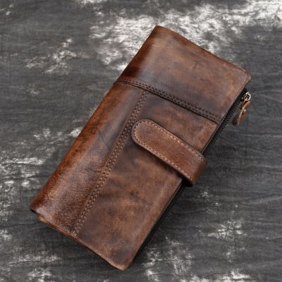 （Layor wallet） นกส่งหนังสือพิมพ์วินเทจแฟชั่นขี้ผึ้งน้ำมันผิวยาวกระเป๋าหนังแท้ Notecase สำหรับสุภาพสตรีสาว2พับยาวกระเป๋าสตางค์ RIFD ผู้ชายกระเป๋าสตางค์