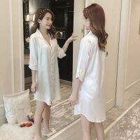 COD Letitia Robbins ชุดนอนเซ็กซี่ ชุดนอนผ้าซาติน Sexy White Shirt Pajamas Large-Size Mid-Length Loose Boyfriend Style Nightgowns