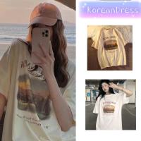 KoreanDress?（พร้อมส่งจากกทม มาถึงใน 3-5 วัน）?เสื้อ ยืด ผู้หญิง?Oversizeเสื้อยืดแขนสั้นพิมพ์สีครีมสีเหลืองสไตล์เกาหลี