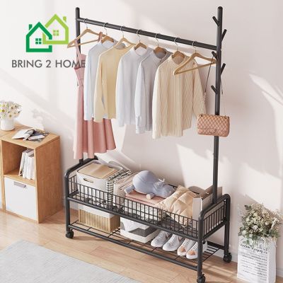 ฺBring 2 Home ราวแขวนผ้า ราวตากผ้า ที่แขวนผ้าพร้อมชั้นวางของด้านล่าง ราวตากผ้าเหล็กพร้อมเสาแขวนกระเป๋า มีล้อเลื่อน