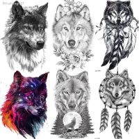 Wolf Black Temporary Tattoos For Men Boys Girl Dreamcatcher Forest Tattoo Realistic Fake Flora Flower Waterproof Coyote Tatoo 3D