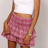 【CC】□  We.Fine Waist Skirt Fashion Floral Print Korean Elastic Pleated A Female